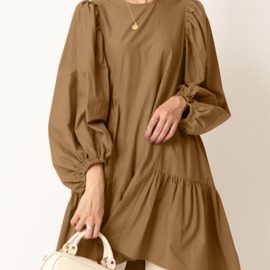 Camicette lunghe casual con maniche a sbuffo pieghettate a strati di colore puro da donna