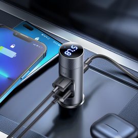 Coupon Baseus Energy Column Pro Car Wireless MP3 Charger Three Ports 30W Fast Charging Lossless Music LED Digital Display 12V-24V Universal