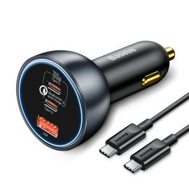 Coupon Baseus QC5.0 160W Car Charger 3 Ports Laptops Phones Tablets Fast Charging With Ambient Light Universal For 12V-24V Vehicles