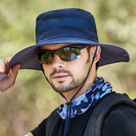 Coupon Men Bucket Hat Nylon Mesh Patchwork Solid Breathable Wide Brim Sunscreen Outdoor Fishing Climbing Bucket Hat