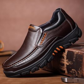 Coupon Men Genuine Cow Leather Waterproof Comfy Non Slip Soft Slip On Casual Oxfords