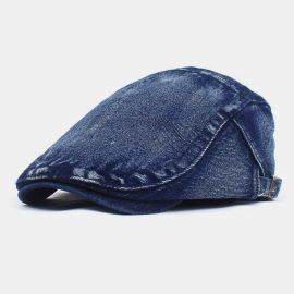 Coupon Men Made-Old Denim Solid Retro Casual Sunshade Forward Hat Beret Hat Flat Hat