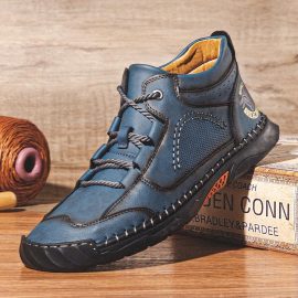 Coupon Men Microfiber Leather Hand Stitching Breathable Soft Sole Comfy Brief Lace Up Casual Shoes