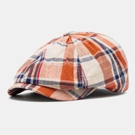 Coupon Men Newsboy Hats Colored Lattice Pattern Curved Brim Retro Casual Sunshade Octagonal Hat Berets