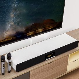 Coupon Punos PS-28 Pro Professional KTV Audio Speaker Set 350W Integrated 3D Surround Theater Karaoke Sound 5.1 bluetooth Soundbar 8 Custom HIFI Speakers Wooden Double Bass with Two Wireless Microphone