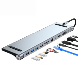 11 in 1 Type-C USB Hub Stand 4K HDMI 100 W Dock di ricarica PD con USB 3.0 * 1 / USB 2.0 * 3 / PD Charge * 1/1080P VGA * 1 / 4K HDMI * 1 / AUX * 1 / RJ45 * 1 / lettore TF *1/ Lettore SD*1