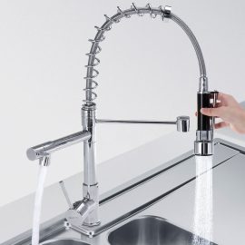 SULEVE Rubinetto da cucina estraibile Rubinetto a molla con finitura cromata Bocca girevole Lavello della nave Rubinetto miscelatore acqua fredda calda Argento