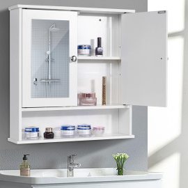 Woodyhome Mobiletto da Bagno Sospeso a Parete Mobiletto da Bagno per Uso Domestico con Specchi Design a Due Mezze Porte