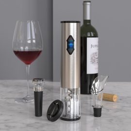Coupon Electric Vino Bottle Opener Set Stainless Steel Automatic Corkscrew Opener Puller Kit With Foil Cutter Vacuum Stopper And Pourer