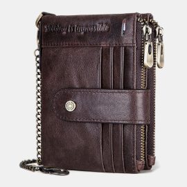 Coupon Men Genuine Leather Chain Wallet RFID Double ZIpper Anti-theft Multi-card Slot Card Holder Wallet