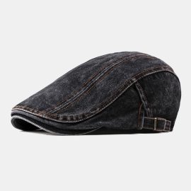 Coupon Men Newsboy Cap Washed Distressed Denim Solid Topstitched Casual Vintage Forward Hat Beret Flat Cap