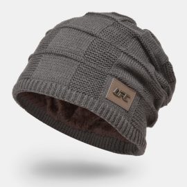 Coupon Men Plus velvet Winter Outdoor Keep Warm Small Label Decoration Knitted Hat Beanie
