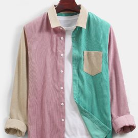 Coupon Mens Corduroy Colorblock Patchwork Casual Long Sleeve Shirts With Pocket