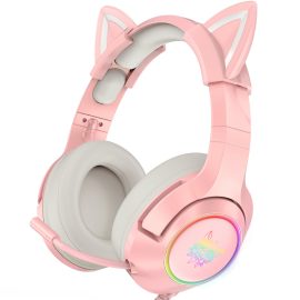 Coupon ONIKUMA Wired Headphones Stereo Dynamic Drivers Noise Reduction Headset 3.5MM RGB Luminous Pink Cat Ear Adjustable Over-Ear Gaming Headphones with Mic