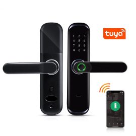 Coupon Tuya WiFi Fingerprint Smart Door Lock Inteligent Digital Door Lock Electronic Password RFID Card APP Unlock Home Lock – WIFI+TUYA Black