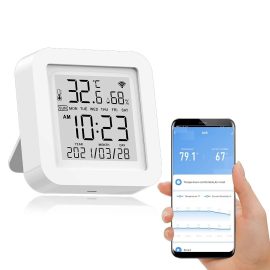 Coupon Tuya WIFI Temperature Humidity Smart Sensor Clock Digital Display Remote Control Thermometer Support Alexa Google Assistant