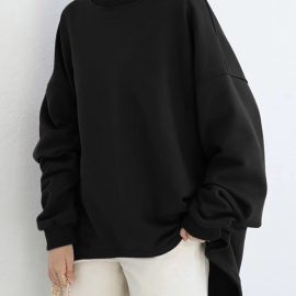 Coupon Women Loose Thick Back Fork High Low Solid Casual Pullover Sweatshirt