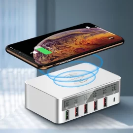 Coupon Bakeey 818PF 6 in 1 100W QC3.0+PD18W Smart Desktop Fast Charging Wireless Charger for iPhone 12 12 Pro Max OnePlus 8 Pro for Samsung Galaxy S21 Ultra