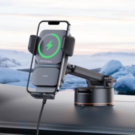 Coupon Baseus Wireless Car Charger Phone Holder QI 15W Fast Charging Suction Base for iPhone 13/12/11 HuaWei XiaoMi Samsung Galaxy