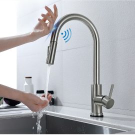 Coupon Brushed Nickel Stainless Steel Kitchen Sink Faucets Mixer 360 ° Rotation Smart Touch Sensor Pull Out Hot Cold Water Mixer Tap Crane