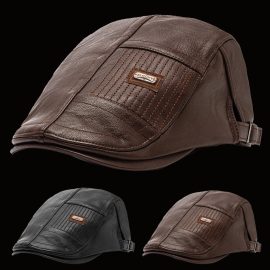 Coupon Collrown Men’s PU Leather Beret Caps Casual Newsboy Cap Warm Hats