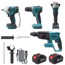 Coupon Doersupp 588VF 4Pcs Li-ion Battery Power Tool Set Angle Grinder Cordless Drill Hammer Electric Wrench Fit Makita – EU Plug Two Batteries