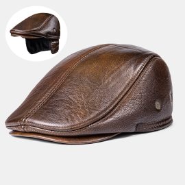 Coupon Men Genuine Leather Keep Warm Plus Thickness Cotton Windproof Ear Protection Forward Hat Beret Hat