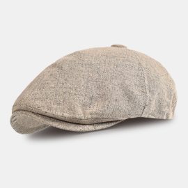 Coupon Men Newsboy Cap Cotton Linen Solid Color Breathable Sunshade Short Brim Casual Vintage Detective Hat Forward Hat Beret Flat Cap