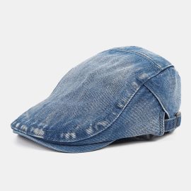 Coupon Men Newsboy Cap Washed Denim Solid Color Breathable Adjustable Outdoor Sunshade Casual Forward Hat Beret Flat Cap