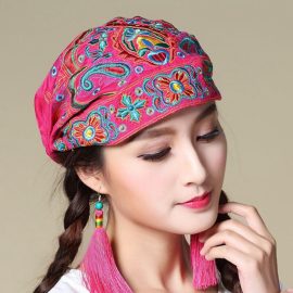Coupon Women Ethnic Embroidery Cotton Beanie Caps Vintage Good Elastic Breathable Turban Caps
