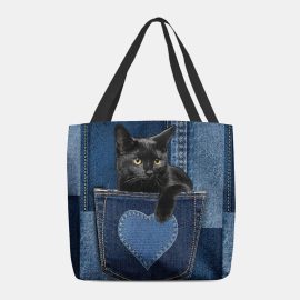 Coupon Women Felt Cute 3D Three-dimensional Black Cat Inside Jeans Pattern Shoulder Bag Handbag Tote