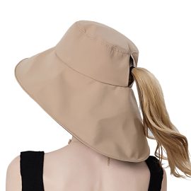Coupon Women Polyester Cloth Casual Ourdoor Back Brim Extended Ponytail Foldable Sunshade Bucket Hats