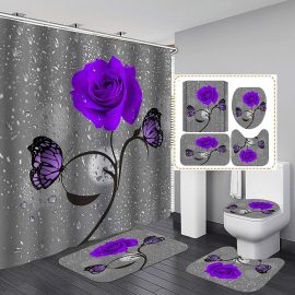 Coupon 4Pcs Purple Rose Shower Curtain Bathroom Set Non-slip Toilet Seat Cover Mat Rug