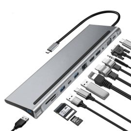 Coupon Bakeey 12 In 1 Triple Display USB Type-C Hub Docking Station Adapter With Dual 4K HDMI Display / 1080P VGA / 87W USB-C PD3.0 Power Delivery / USB-C Data Transfer Port / RJ45 Network Port / 3.5mm Audio Jack / 3 * USB 3.0 / Memory Card Readers