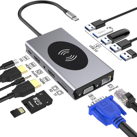 Coupon Bakeey 14 In 1 Triple Display USB-C Hub Docking Station Adapter With 5 * USB 3.0 / 10W Wireless Charger / 100W Type-C PD / Dual HDMI 4K HD Display / VGA / 3.5mm Audio Jack / RJ45 Network Port / Memory Card Readers