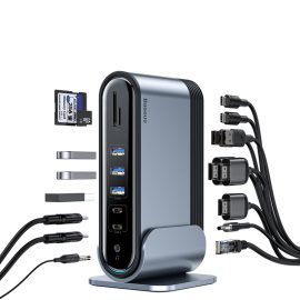 Coupon Baseus 17 In 1 USB-C Triple Display Hub Docking Station Adapter with 3 * USB 3.0/2 * USB 2.0/100W Type-C PD/2 * Type-C/3 * 4K HD Display Video Outputs/RJ45 Internet Port/3.5mm Audio Jack/DC 12V Power Supply/Memory Card Readers