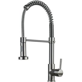 Coupon Brushed Nickel Hot Cold Kitchen Sink Faucets Brass 360 Rotation Single Lever Pull Out Spring Spout Mixers Tap Crane