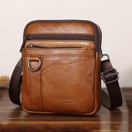 Coupon Men Genuine Leather Vintage Multi-compartment Zipper Mobile Phone Bag Shoulder Crossbody Bag