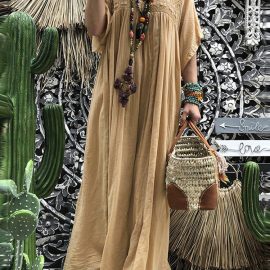 Coupon Women Short Sleeve Hollow Out Robe Kaftan Solid Maxi Dress