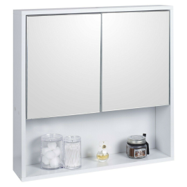 Coupon Woodyhome Bathroom Cabinet Mirrored Double Door Wall Mounted LED Mirrors Cupboard Storage White