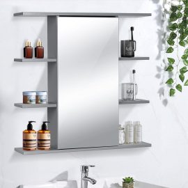 Coupon WoodyHome Wall Cabinet Mirror Grey Bathroom Storage Mount Shelf Cupboard with MDF Shelves
