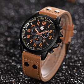 Coupon 4 Colors Stainless Steel Men’s Casual Quartz PU Leather Belt Military Sport Three Eyes Calendar Watch