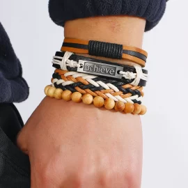 Coupon 4 Pcs Men Casual Vintage Leather Wood Beaded Braided Bracelets