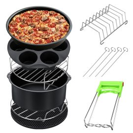 Coupon 8Pcs 8 Inch Air Fryer Accessories Set Chips Dish Baking Pizza Pan Kitchen Toolss 5.2~5.8QT
