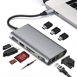 Coupon Bakeey 10 In 1 Triple Display USB Type-C Hub Docking Station Adapter With 4K HD Display /1080P VGA / RJ45 Network Port /100W USB-C PD3.0 Power Delivery / USB-C Data Transfer Port /3*USB 3.0 /3.5mm Audio Jack /Memory Card Readers