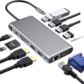 Coupon Bakeey 12 In 1 Triple Display USB-C Hub Docking Station Adapter With 2 * USB 3.0 / 2 * USB 2.0 Port / 100W Type-C PD3.0 Power Delivery / Dual HDMI 4K HD Display / VGA / Gigabit RJ45 Network / 3.5mm Audio Jack / Memory Card Readers