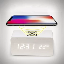 Coupon Bakeey 3 in 1 Qi Wireless Charger & LED Digital Alarm Clock & Thermometer Modern Wooden