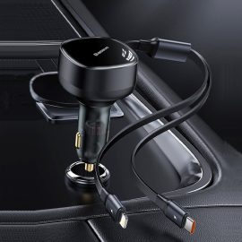 Coupon Baseus PD/30W 2-in-1 Car Charger Retractable Fast Charging with Self-storage PD 20W Apple Android Huawei Xiaomi 12V-24V Cars Universal