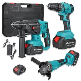 Coupon Doersupp 588 VF 3pcs Brushless Electric Drill/125mm Angle Grinder/Hammer Tool Kits W/1pc/2pcs/3pcs Battery EU/US Plug – three battery & EU plug