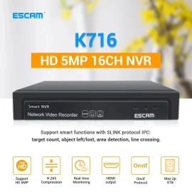 Coupon ESCAM K716 H.265 Video Surveillance NVR Recorder 8CH 16CH 5MP 4MP 2MP Output Motion Detect ONVIF Recorder for IP Camera Metal Case